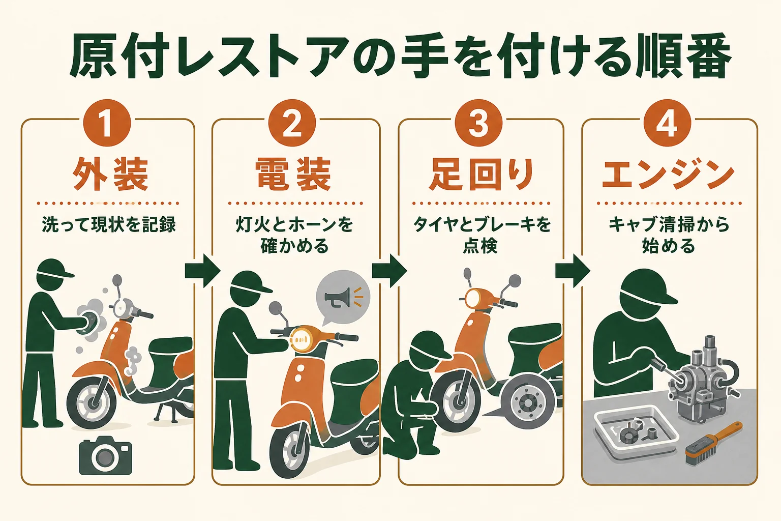 原付のレストアを外装・電装・足回り・エンジンの4つに分け、手を付ける順番を時間の流れで並べた図解