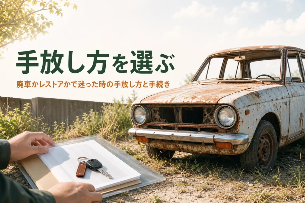 レストアをあきらめた車を売る・譲る・廃車にする選び方を紹介する記事のアイキャッチ。錆の浮いた古い車と書類