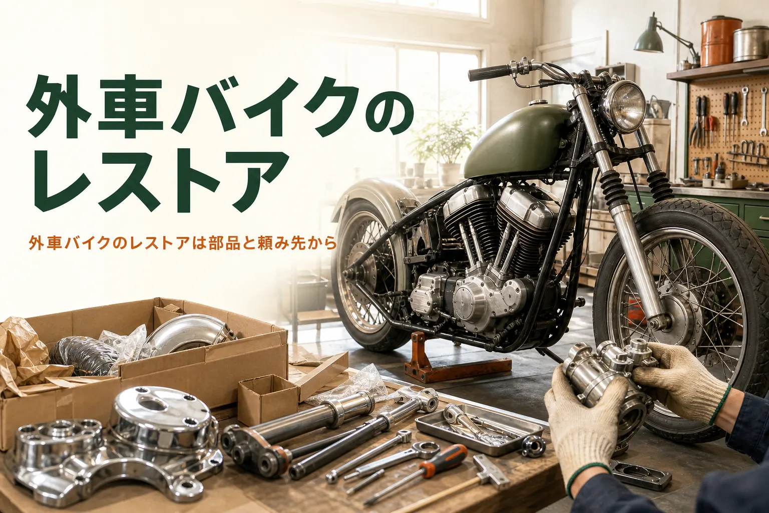 ハーレーやベスパなど外車バイクのレストアを紹介する記事のアイキャッチ。ガレージに並ぶ古いアメリカンバイクとスクーター
