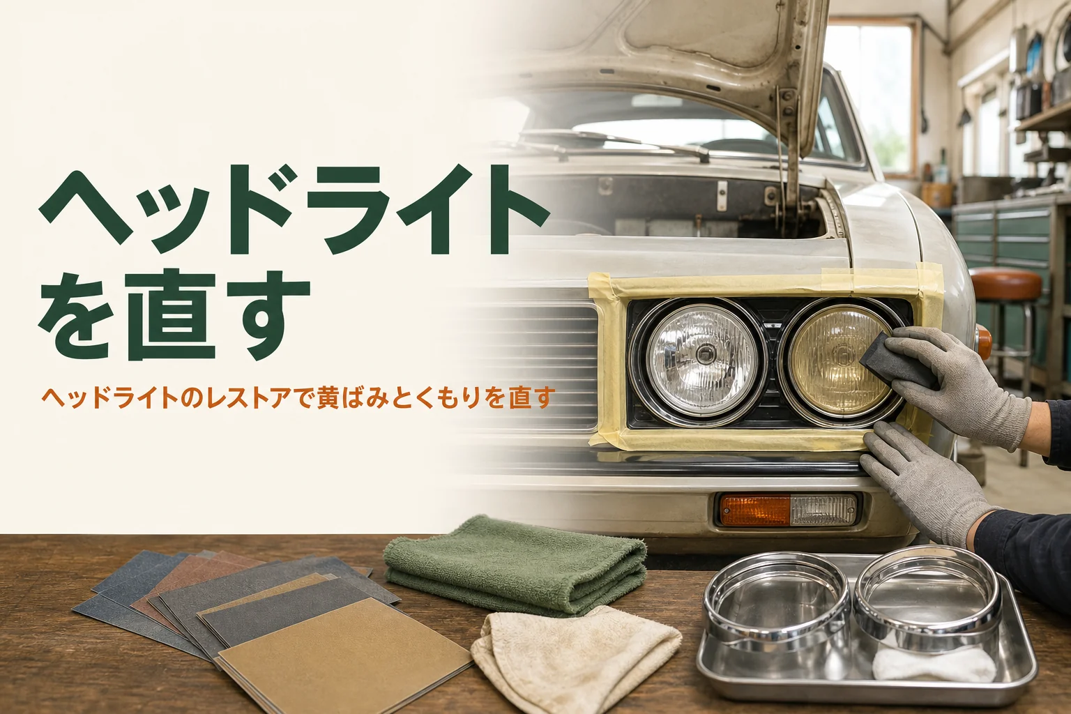 ヘッドライトのレストアを紹介する記事のアイキャッチ。片側だけ磨いて透明になったヘッドライト