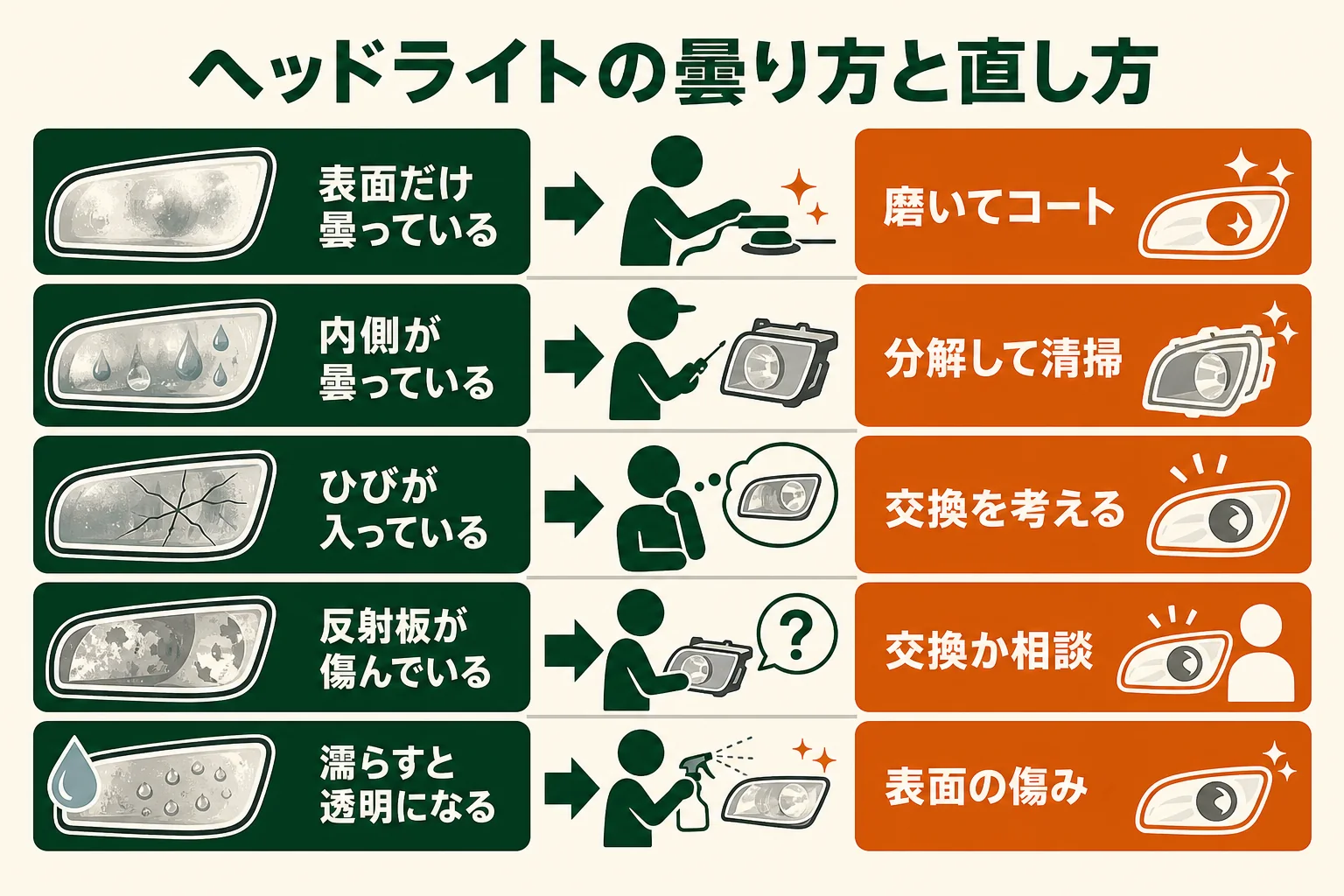 ヘッドライトの曇りを表面だけ・内側のくもり・ひびに分け、磨く・コート・交換の選び方を示した図解