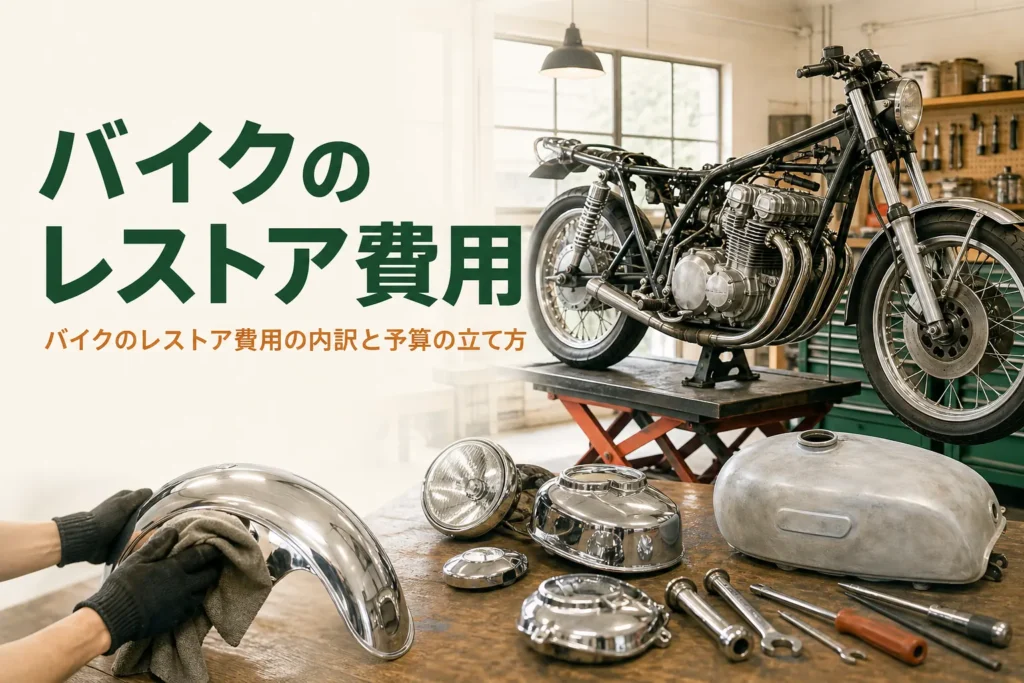 バイクのレストア費用の内訳と予算の立て方を紹介する記事のアイキャッチ。外装を外した古いバイクと部品