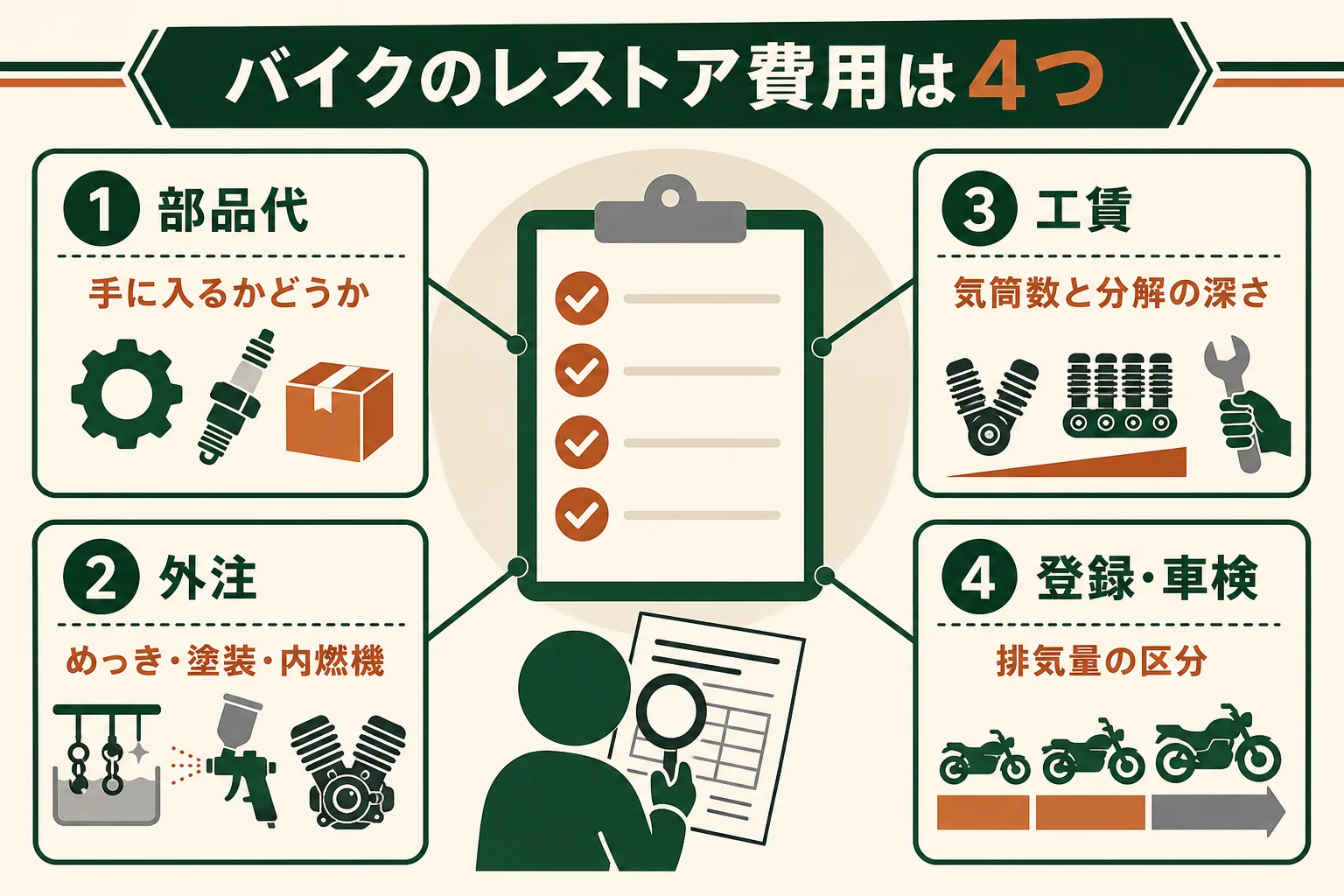 バイクのレストア費用を、部品代・外注・工賃・登録と車検の4つに分けて、それぞれ見積もりで確かめる項目を示した図解