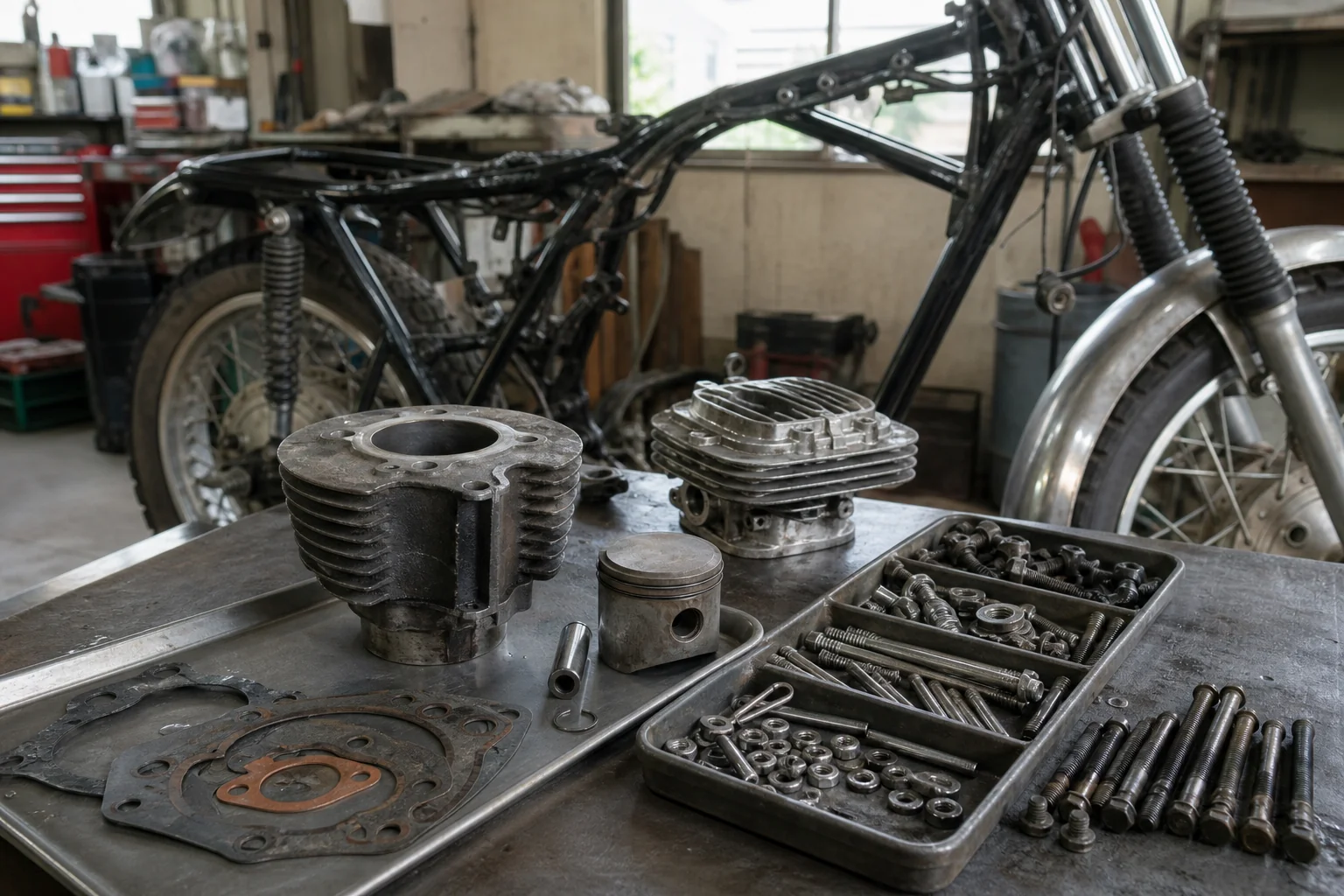 分解したバイクのエンジンと部品が作業台に並んだ写真。工賃と部品代が分かれることを示す