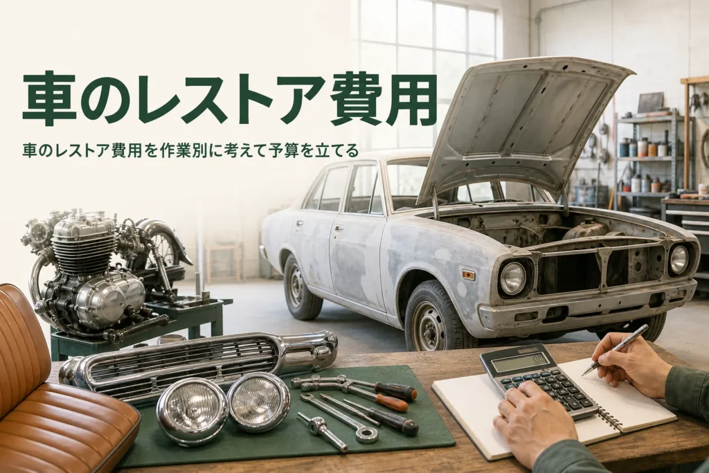 車のレストア費用を作業別に考え、予算を立てる方法を紹介する記事のアイキャッチ。下地処理をした古い車と作業台