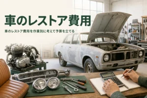 車のレストア費用を作業別に考え、予算を立てる方法を紹介する記事のアイキャッチ。下地処理をした古い車と作業台