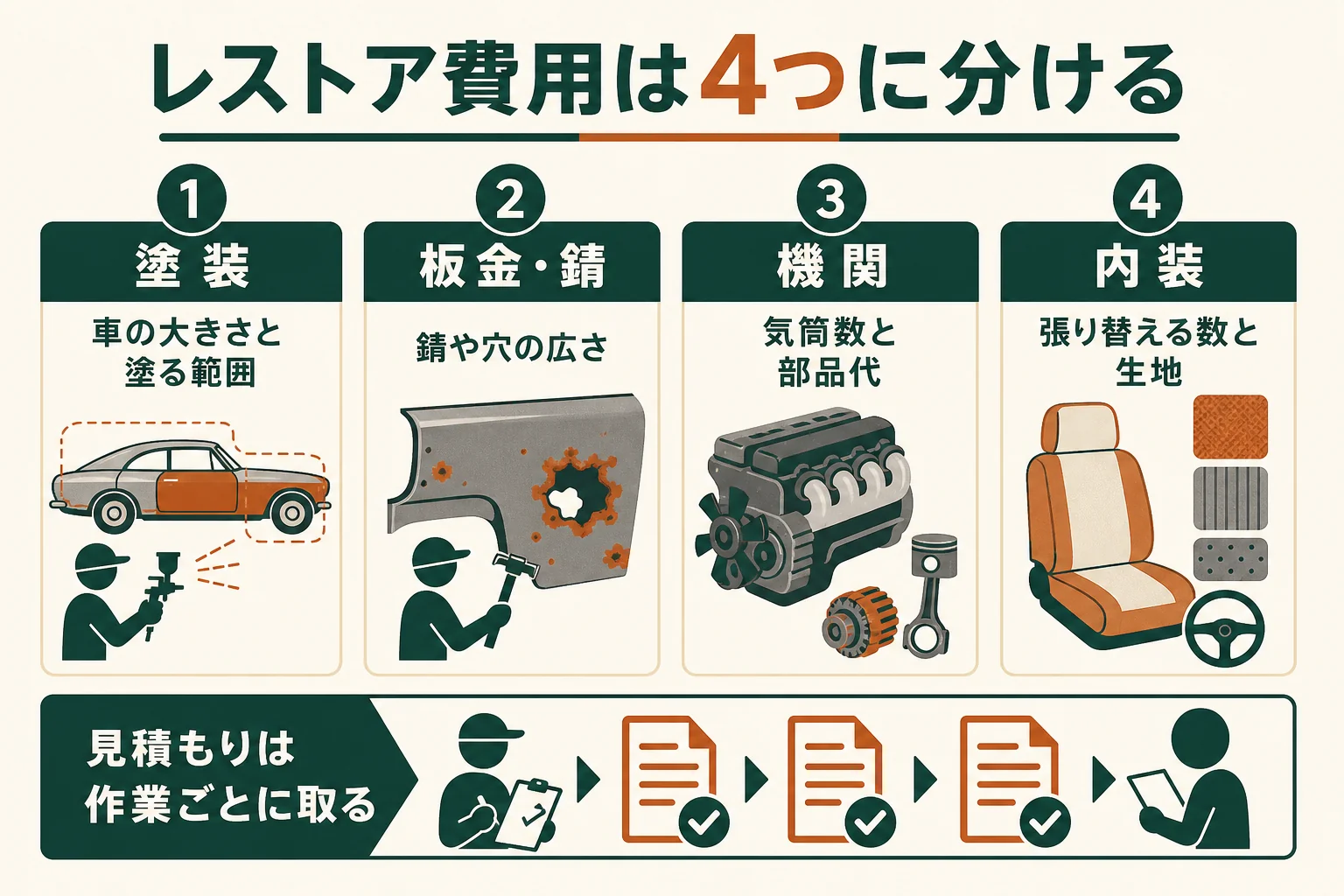 車のレストア費用を、塗装・板金・機関・内装の4つの作業に分けて、それぞれ何で金額が決まるかを示した図解
