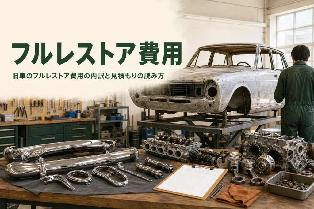 旧車のフルレストア費用の内訳と見積もりの読み方を紹介する記事のアイキャッチ。塗装をはがした古いクーペのボディと部品