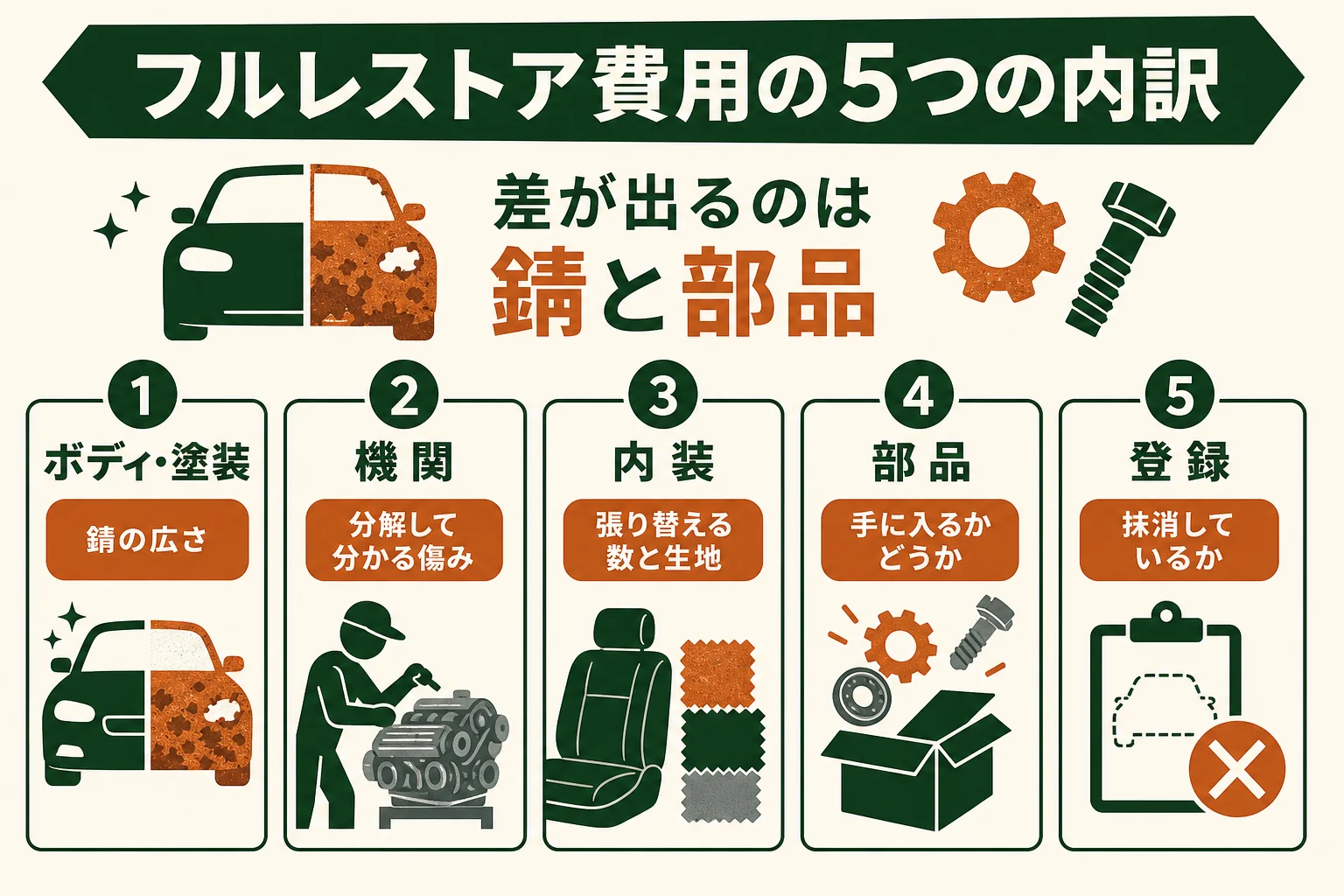 旧車のフルレストア費用を、ボディ・塗装、機関、内装、部品、登録の5つに分けて、差が出やすい所を示した図解