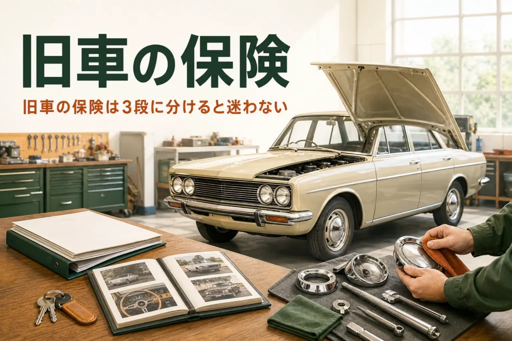 旧車の保険と車両保険の考え方を解説する記事のアイキャッチ。ガレージの古いクーペと書類のファイル