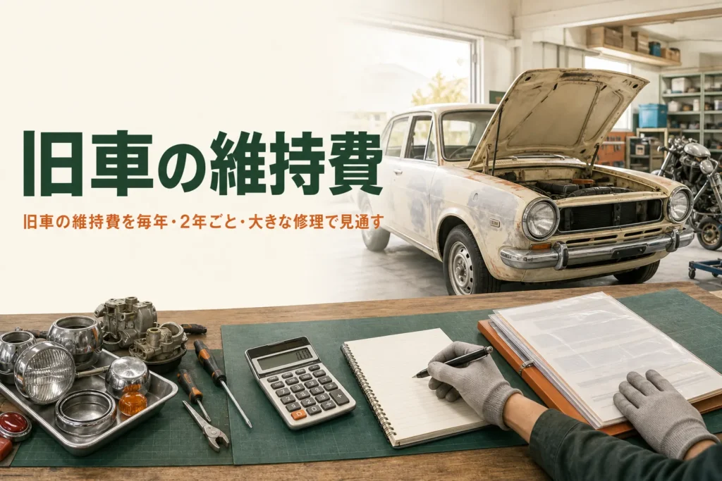 旧車の維持費を3つの時間軸で紹介する記事のアイキャッチ。ガレージの旧車と電卓・書類