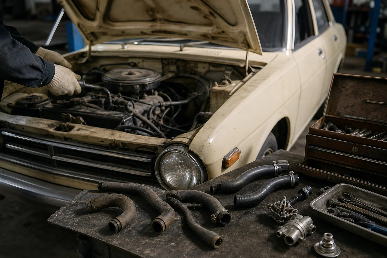 車検の前に整備工場で点検を受ける旧車のエンジンルーム