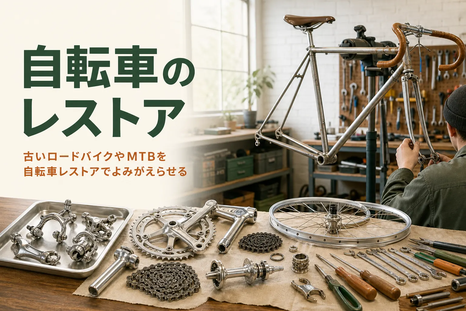 古いロードバイクやMTBをよみがえらせる自転車のレストアを紹介する記事のアイキャッチ。作業スタンドに掛けた古いロードバイク