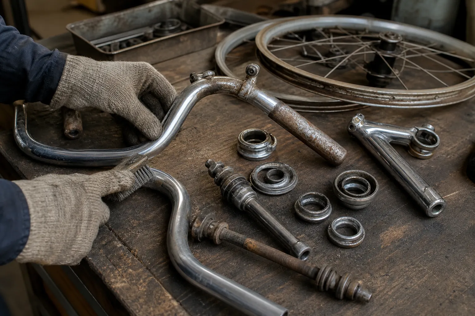 作業台の上で、分解した古い自転車のめっき部品と車輪の軸を、作業手袋をはめた手がブラシで磨いている写真