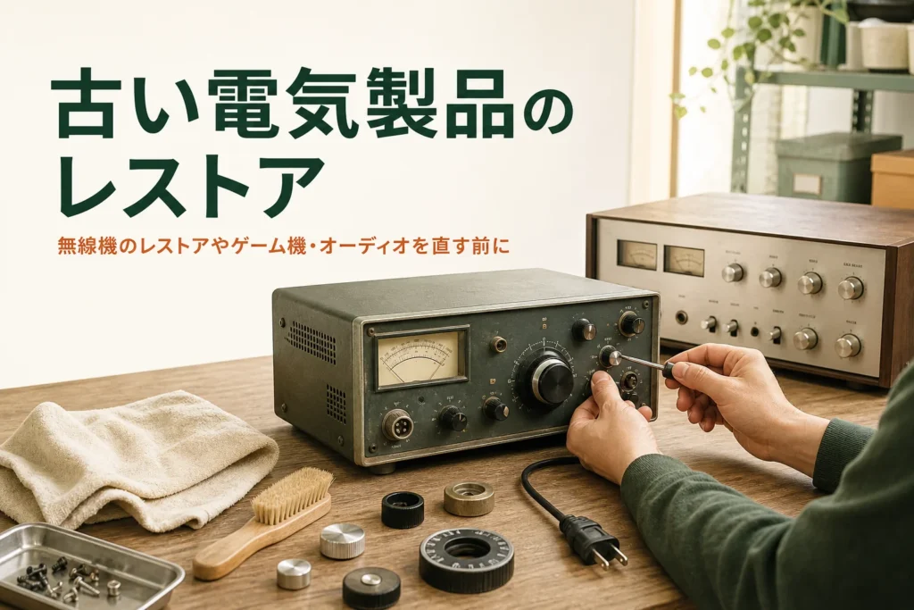 無線機のレストアやゲーム機・オーディオのレストアを紹介する記事のアイキャッチ。作業机の上の古い無線機風の機械とオーディオ機器