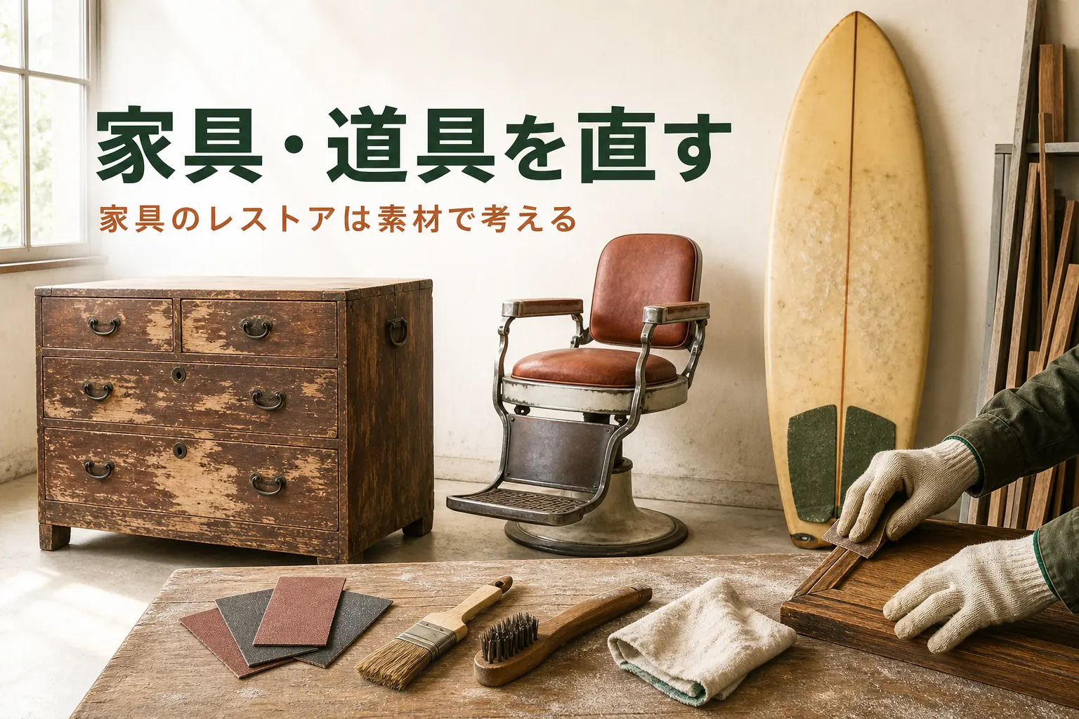 家具のレストアを紹介する記事のアイキャッチ。古い木製家具と看板、サーフボードと手入れの道具