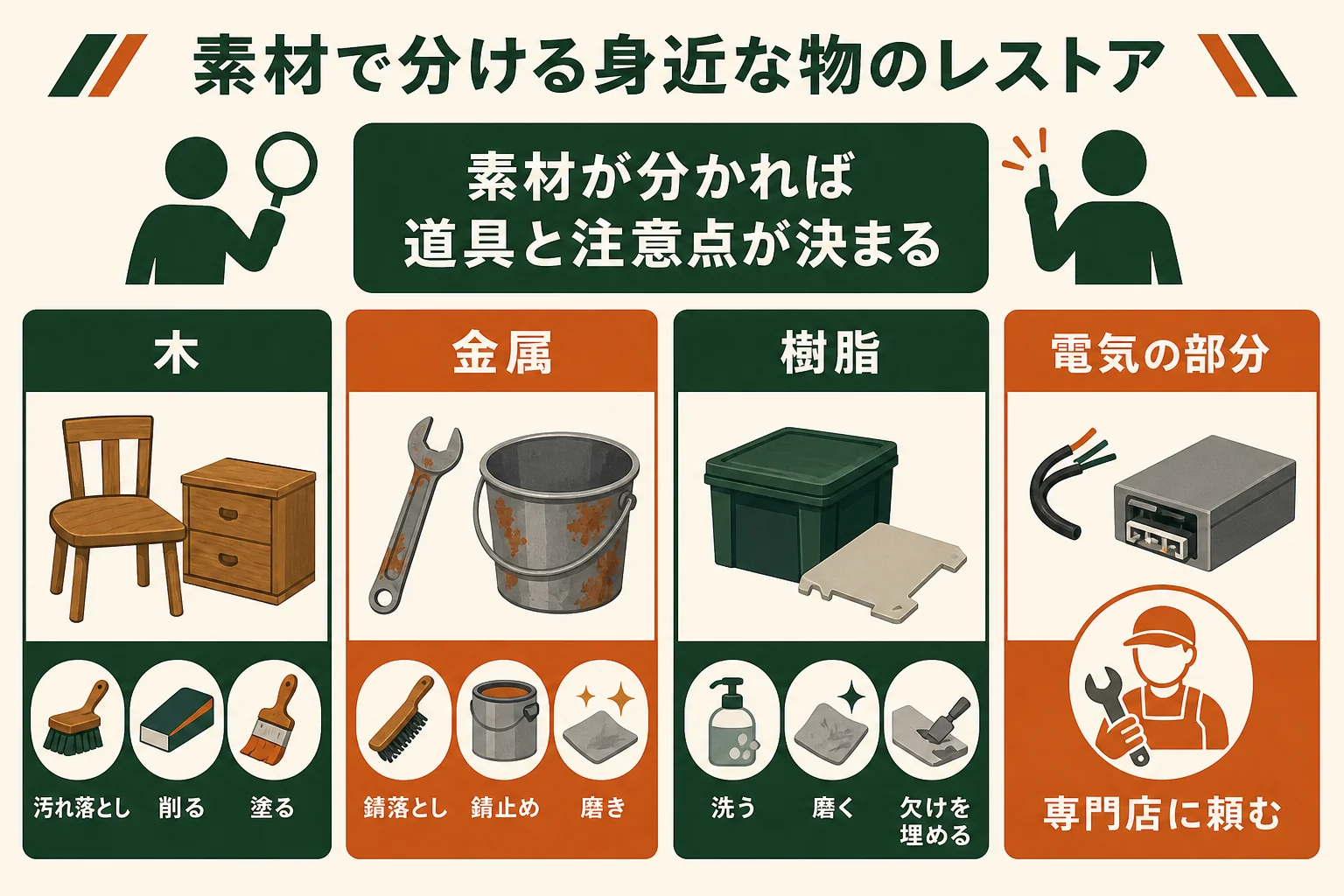 身近な物のレストアを木・金属・樹脂の3つの素材に分け、それぞれの基本の作業と注意点を並べた図解