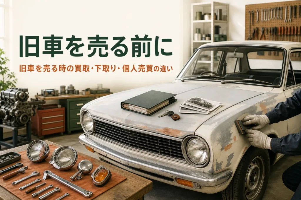 旧車を売る時の買取・下取り・個人売買の違いを紹介する記事のアイキャッチ。整備記録のファイルを置いた旧車