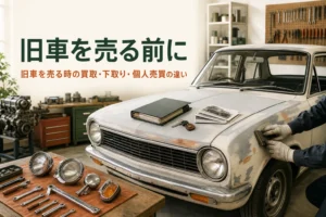 旧車を売る時の買取・下取り・個人売買の違いを紹介する記事のアイキャッチ。整備記録のファイルを置いた旧車