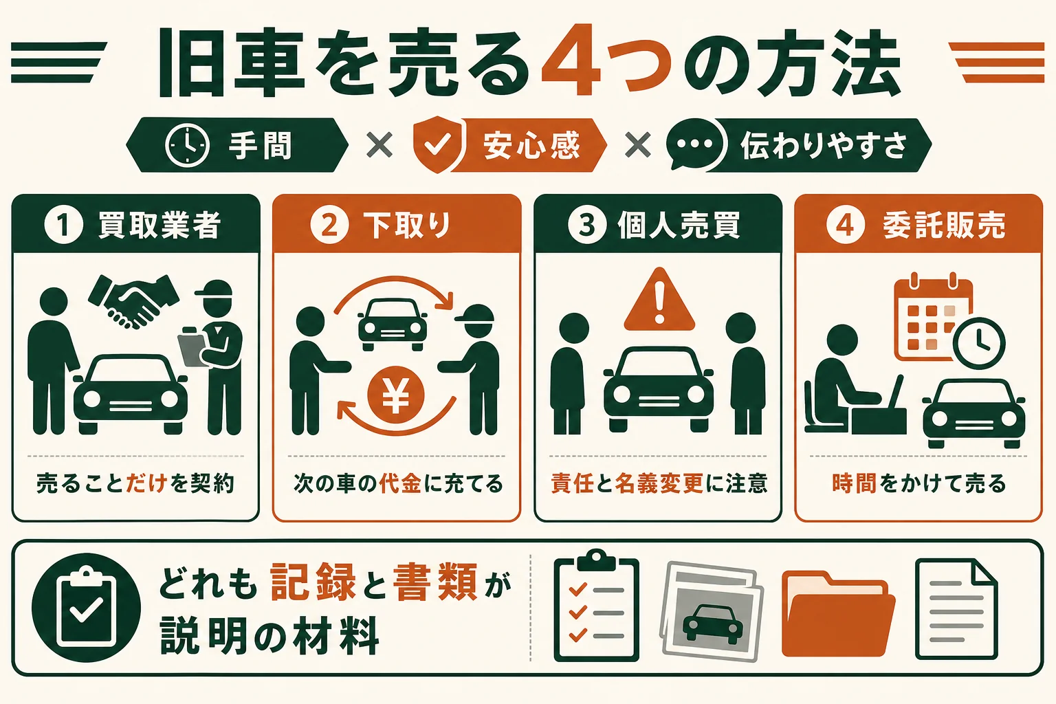 旧車を売る4つの方法を、手間・安心感・旧車の価値の伝わりやすさで比べた図解