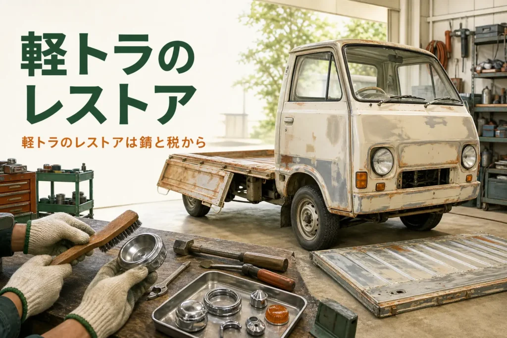 軽トラのレストアを紹介する記事のアイキャッチ。ガレージの古い軽トラックと錆を落とした荷台の板