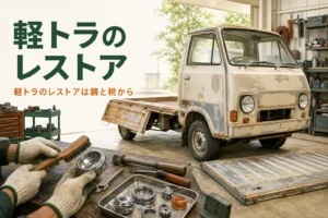 軽トラのレストアを紹介する記事のアイキャッチ。ガレージの古い軽トラックと錆を落とした荷台の板