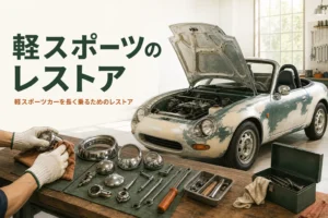 ビートのレストアなど軽スポーツのレストアを紹介する記事のアイキャッチ。ガレージの小さなオープンカーと工具