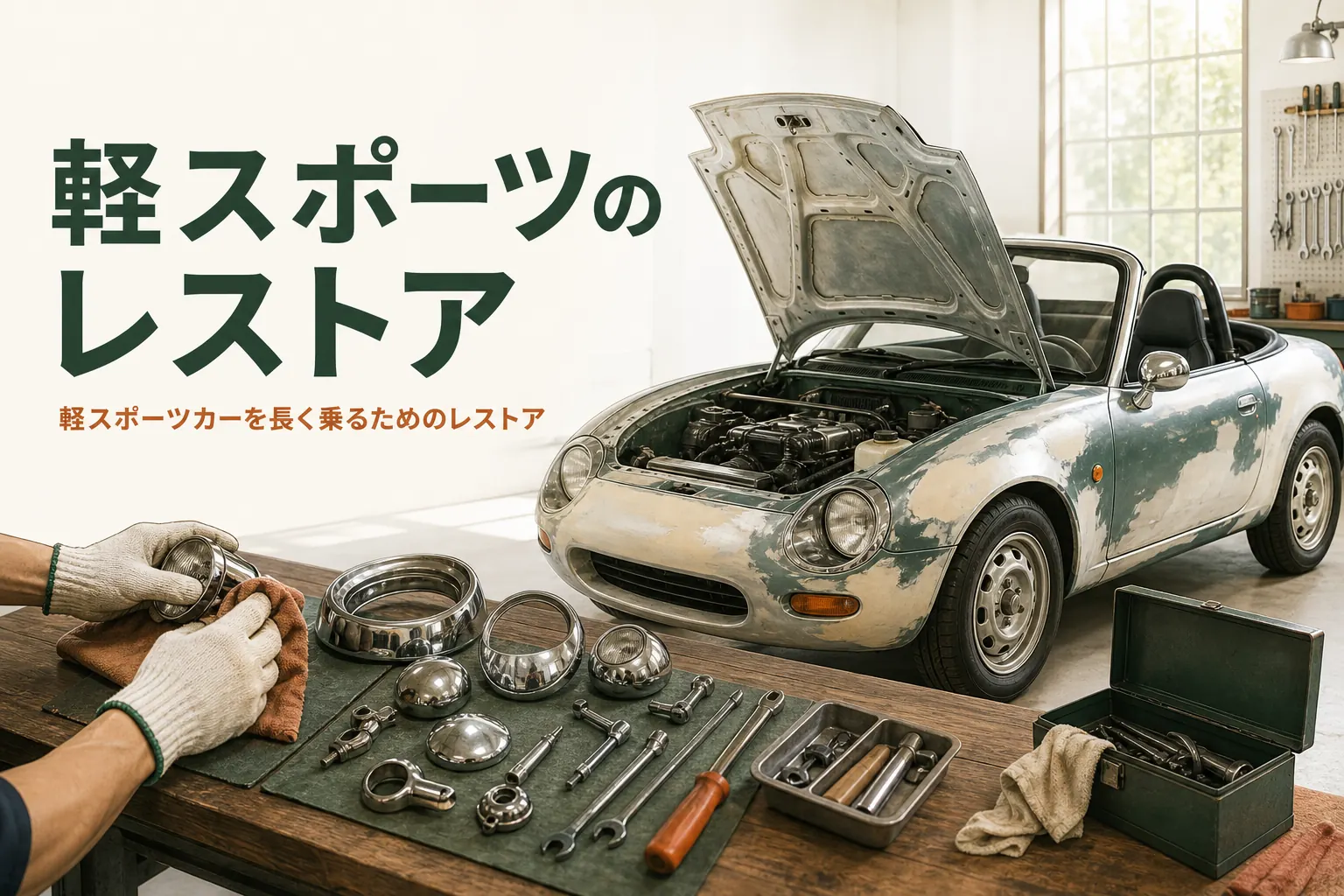 ビートのレストアなど軽スポーツのレストアを紹介する記事のアイキャッチ。ガレージの小さなオープンカーと工具