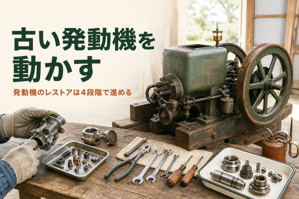発動機のレストアを紹介する記事のアイキャッチ。納屋に置かれた古い発動機と工具