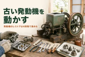 発動機のレストアを紹介する記事のアイキャッチ。納屋に置かれた古い発動機と工具