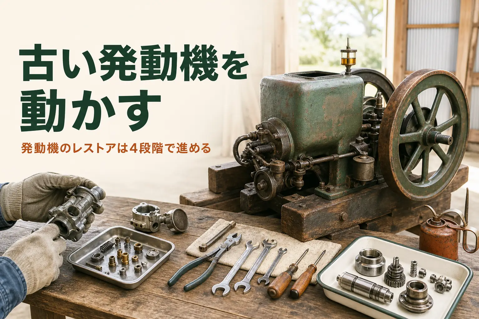発動機のレストアを紹介する記事のアイキャッチ。納屋に置かれた古い発動機と工具