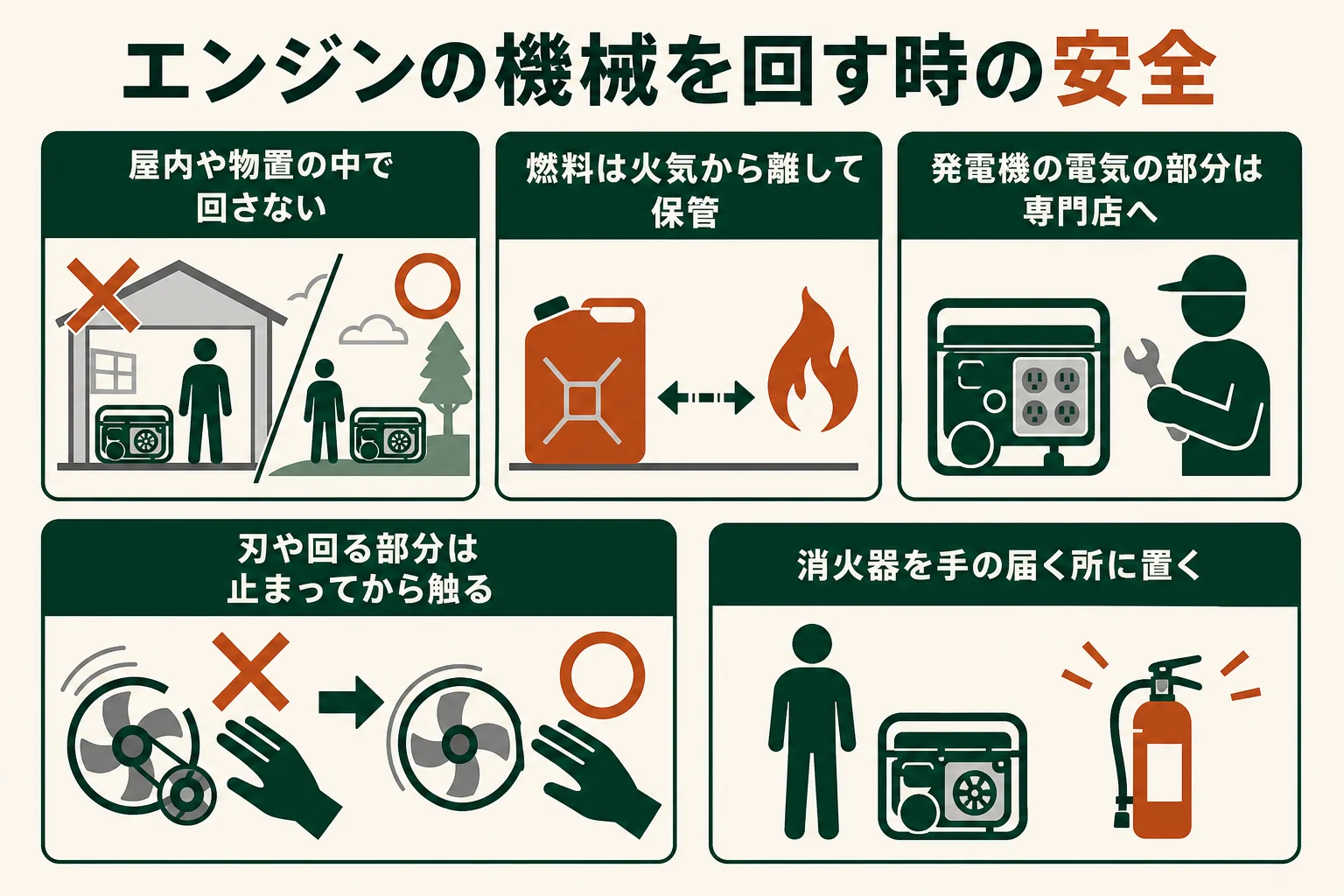 発動機や発電機を試運転する時に気をつけたい、一酸化炭素・燃料・感電・回る部分の安全をまとめた図解