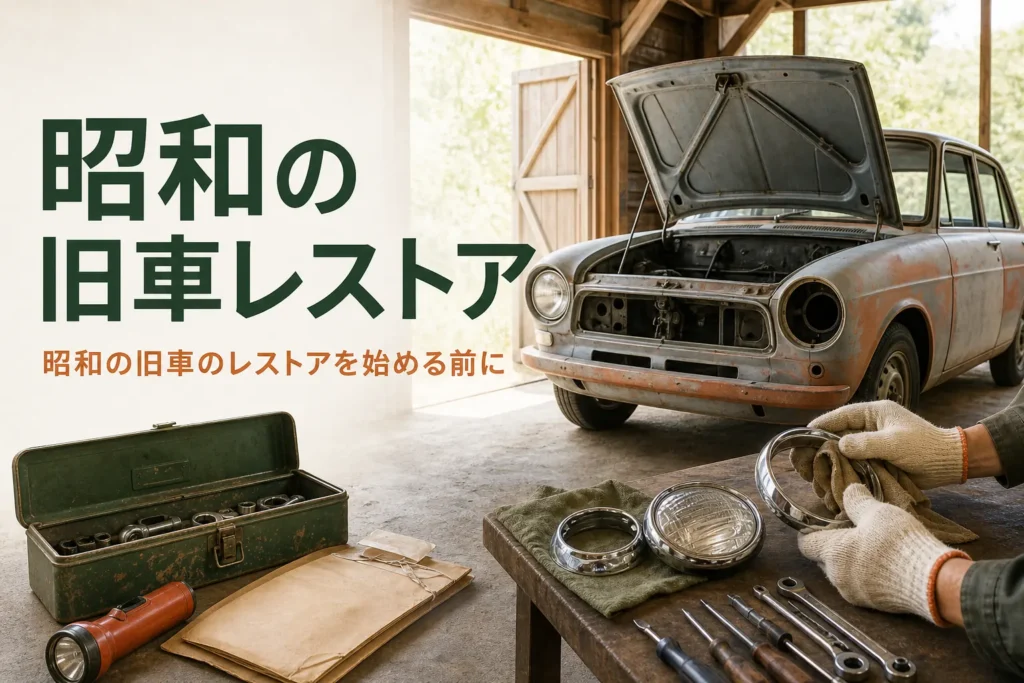 昭和の旧車のレストアを紹介する記事のアイキャッチ。納屋で眠っていた丸目の古い小さなセダン