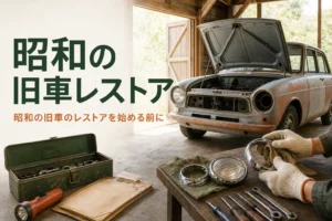 昭和の旧車のレストアを紹介する記事のアイキャッチ。納屋で眠っていた丸目の古い小さなセダン