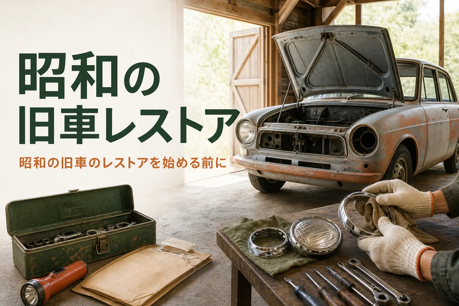 昭和の旧車のレストアを紹介する記事のアイキャッチ。納屋で眠っていた丸目の古い小さなセダン
