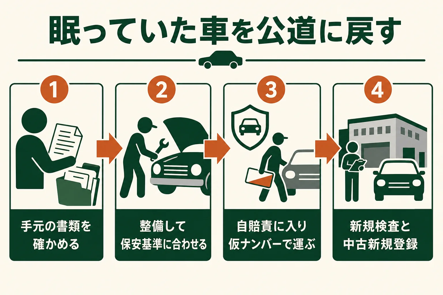 一時抹消された昭和の旧車を、書類の確認から整備、仮ナンバー、新規検査と中古新規登録までの流れで公道に戻す手順の図解