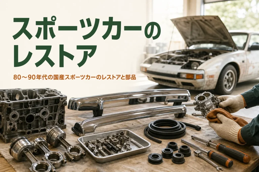 80〜90年代の国産スポーツカーのレストアを紹介する記事のアイキャッチ。作業台に並んだエンジン部品とめっき部品