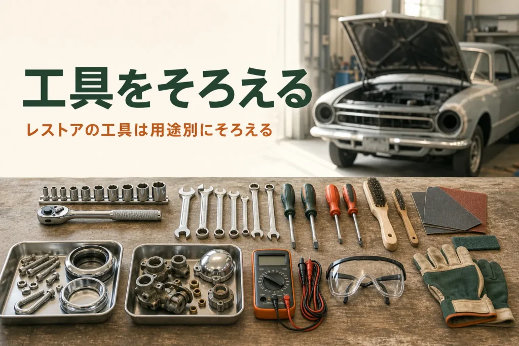 レストアの工具を紹介する記事のアイキャッチ。作業台に用途ごとに並べた工具と保護具