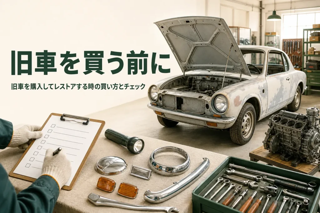 旧車を購入してレストアする時の買い方とチェックを紹介する記事のアイキャッチ。ボンネットを開けた旧車とチェックリスト