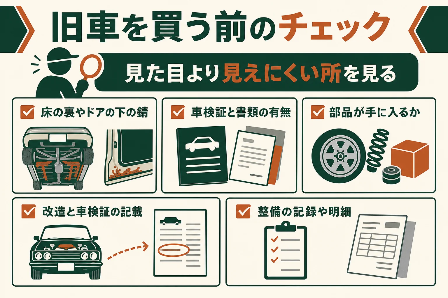 旧車を買う前に、錆・書類・部品・改造・記録を確かめるチェックの図解
