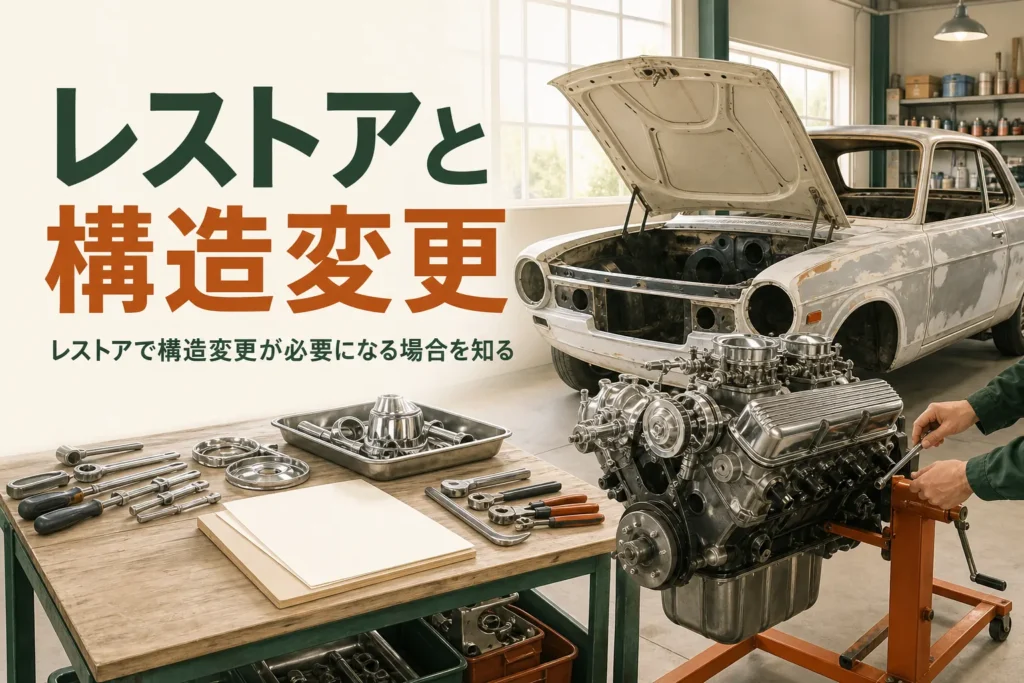 レストアで構造変更が必要になる場合を解説する記事のアイキャッチ。エンジンを降ろした古い車とエンジンスタンド