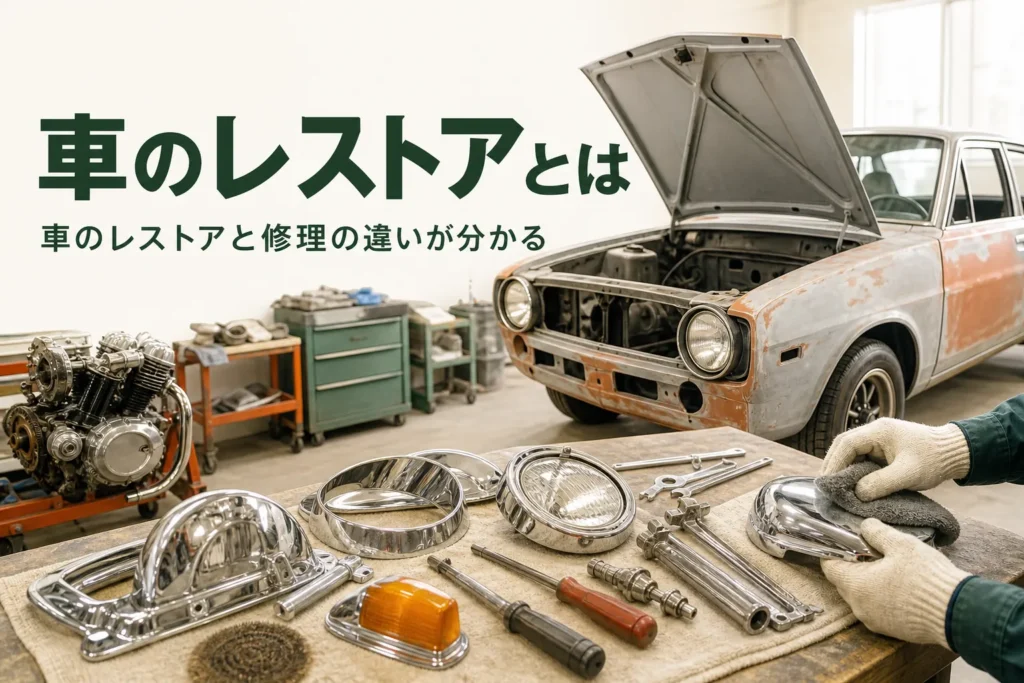 車のレストアとは何か、修理との違いとできることを紹介する記事のアイキャッチ。下地処理をした古い車