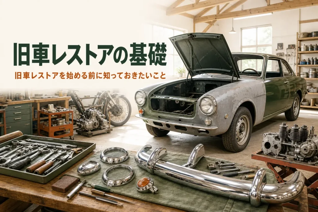 旧車レストアを始める前に知っておきたいことを紹介する記事のアイキャッチ。ガレージで下地処理中の古いクーペ