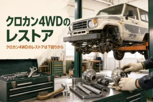 ランクルのレストアなどクロカン4WDのレストアを紹介する記事のアイキャッチ。ガレージで下回りを見せる古い4WD