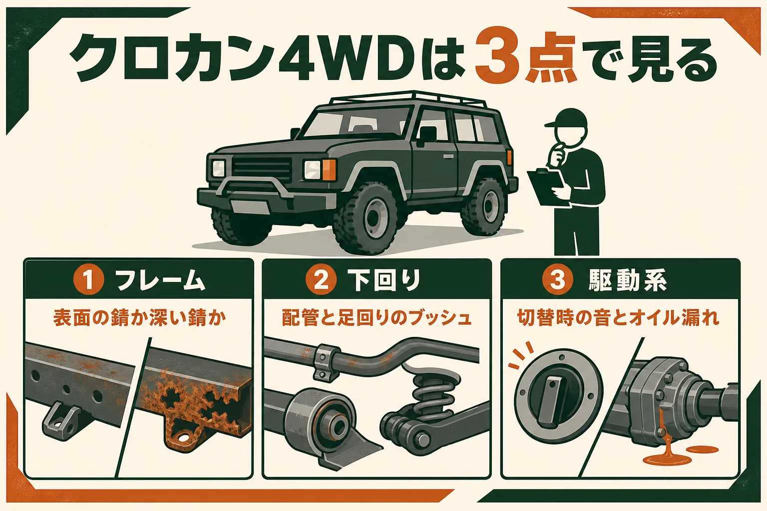 クロカン4WDのレストアを、フレームの錆・下回り・駆動系の3点で見るチェック表の図解