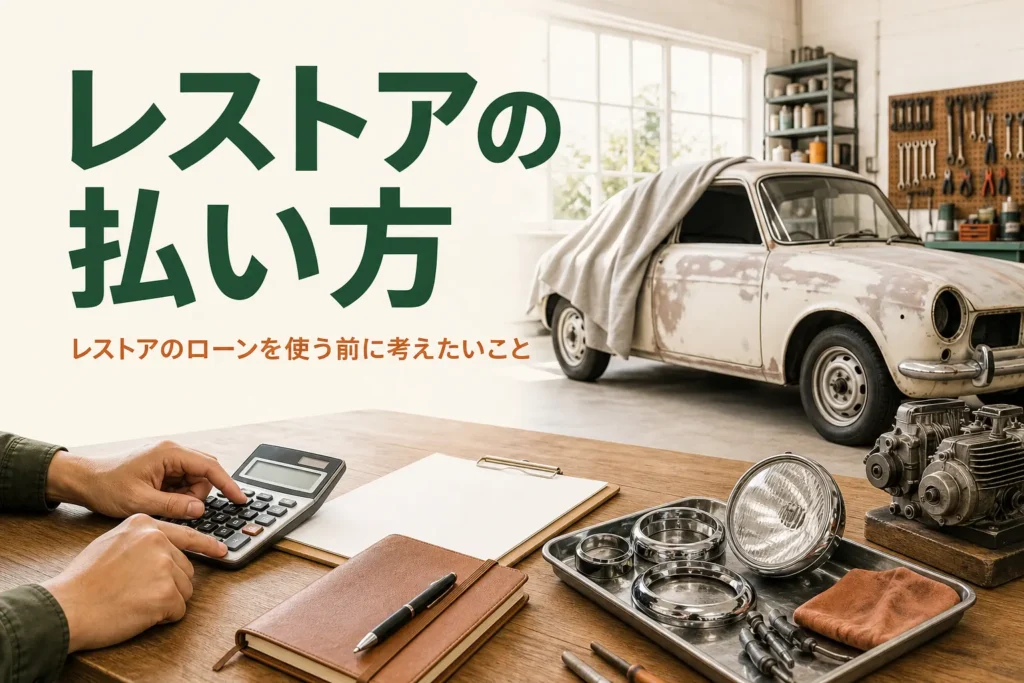 レストアの費用の払い方と、ローンを使う前に考えたいことを紹介する記事のアイキャッチ。作業台の電卓と古い車
