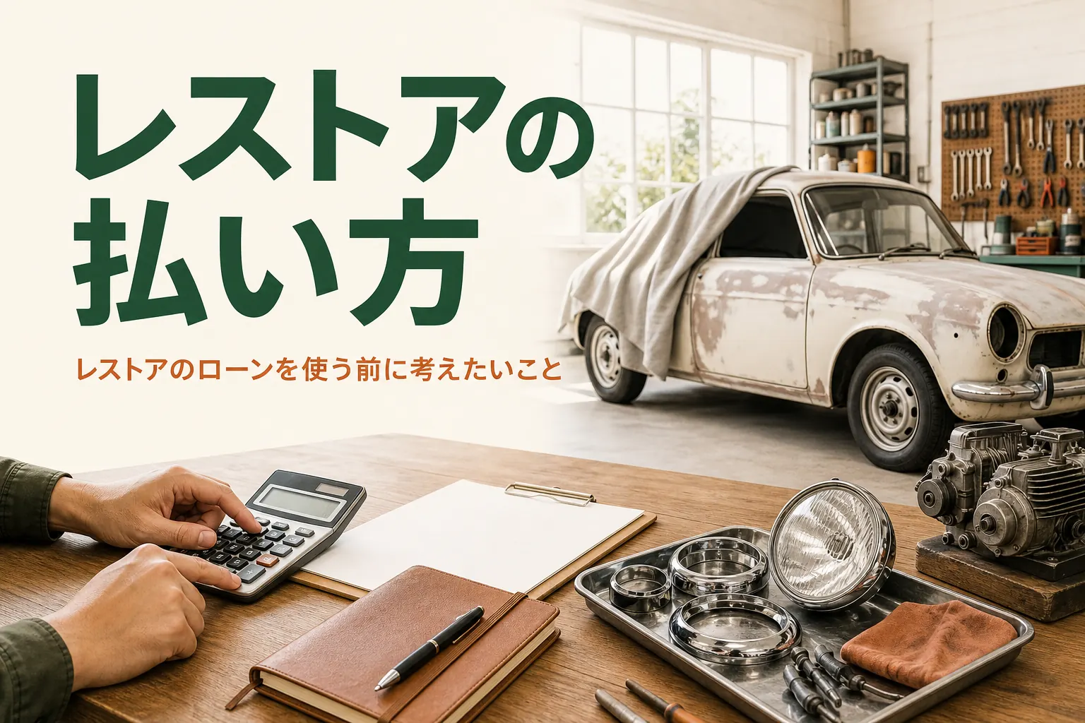 レストアの費用の払い方と、ローンを使う前に考えたいことを紹介する記事のアイキャッチ。作業台の電卓と古い車