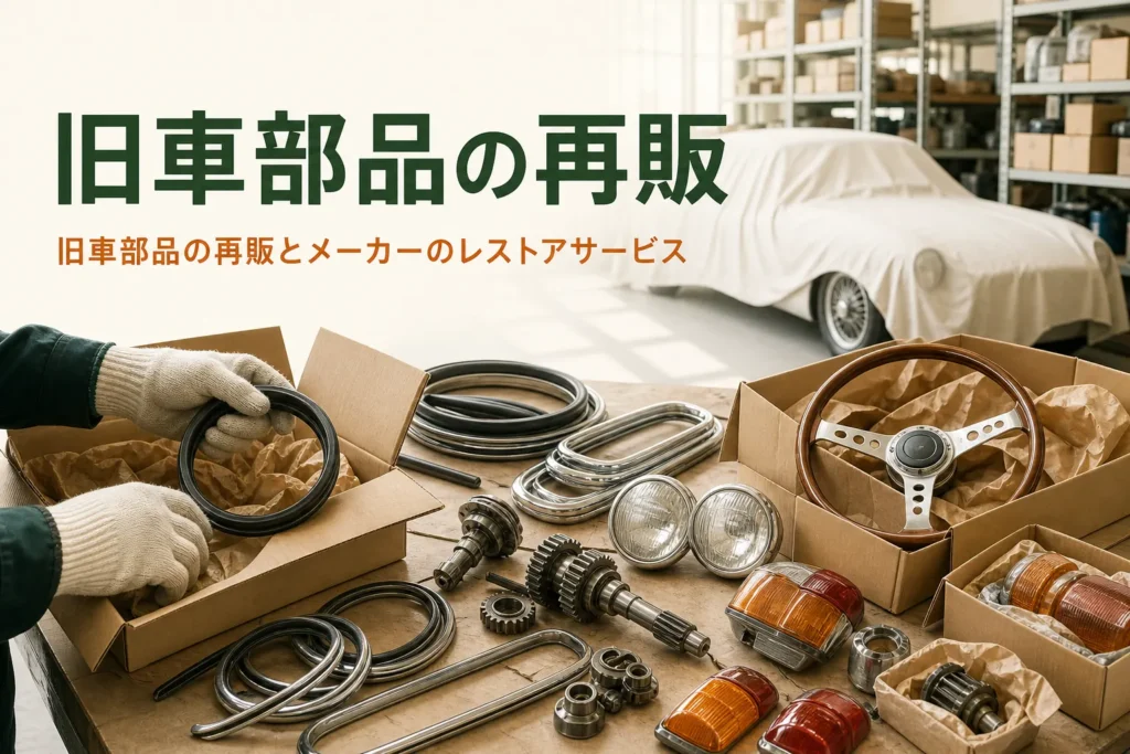メーカーの旧車部品の再販とレストアサービスを紹介する記事のアイキャッチ。作業台に並んだ新品の旧車部品