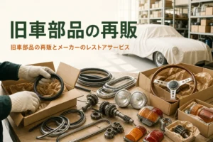 メーカーの旧車部品の再販とレストアサービスを紹介する記事のアイキャッチ。作業台に並んだ新品の旧車部品