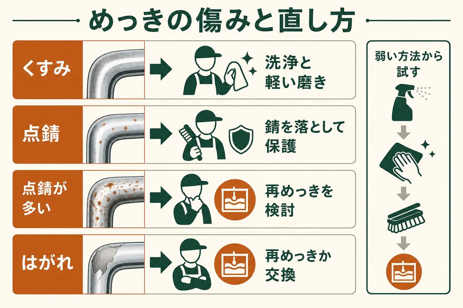 めっきの傷みをくすみ・点錆・はがれの3つに分け、磨くか再めっきかを決める早見図